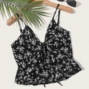Black Floral Tie Up Tank Top Over Shirt